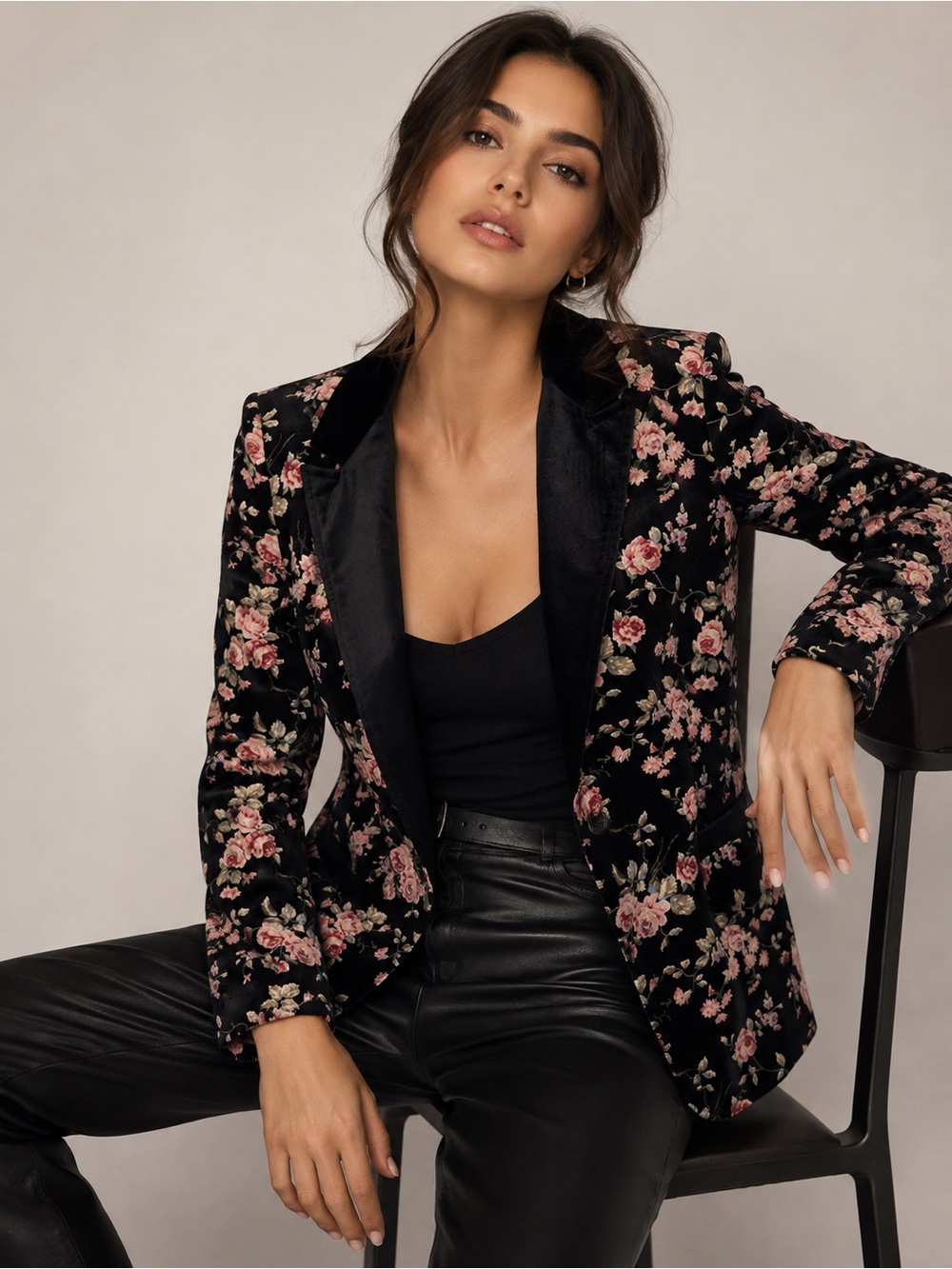 Pink Martini Floral Cotton Velvet Blazer Black Rose Print Jacket M